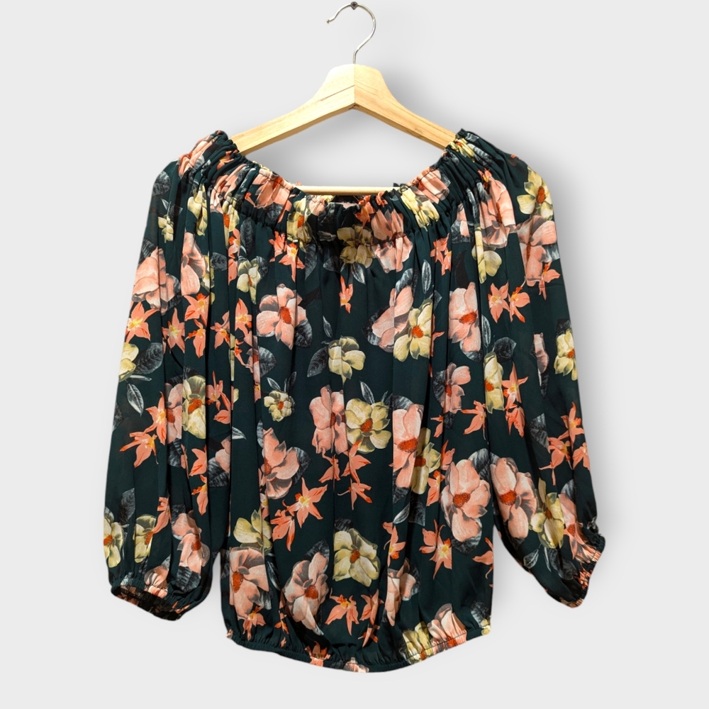 Philosophy Off Shoulder Top Cropped Balloon Sleeve Green Floral Magnolia Small